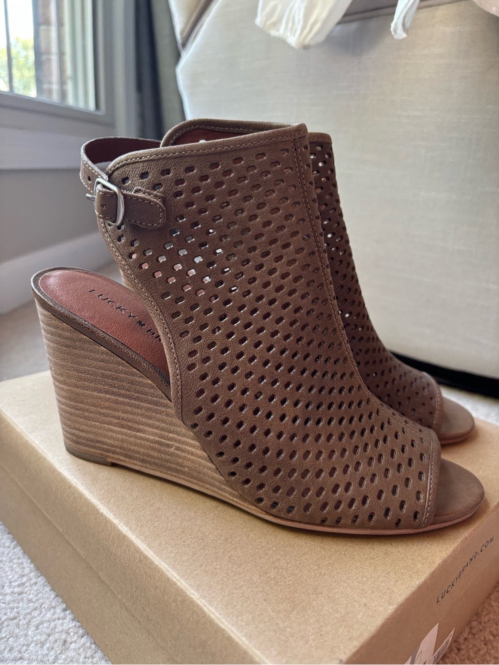 Lucky Brand Taupe Perforated Slingback Wedge Sandals